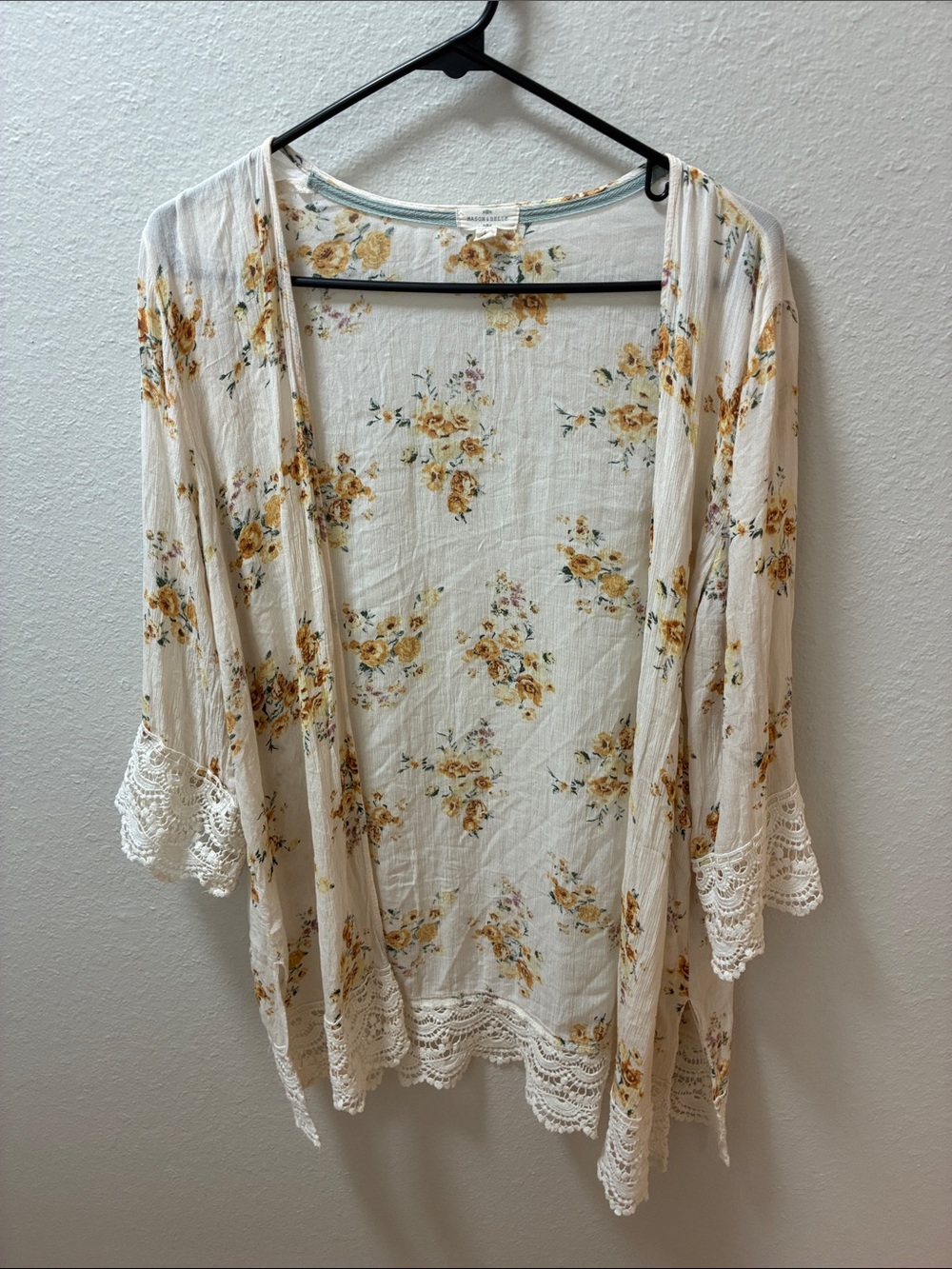 Open-Front Lace-Trim Kimono Cardigan - Cream with Yellow Floral